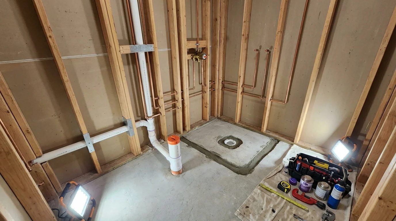 Bathroom rough-in plumbing during remodel by Johns Plumbing LLC in Hardeeville