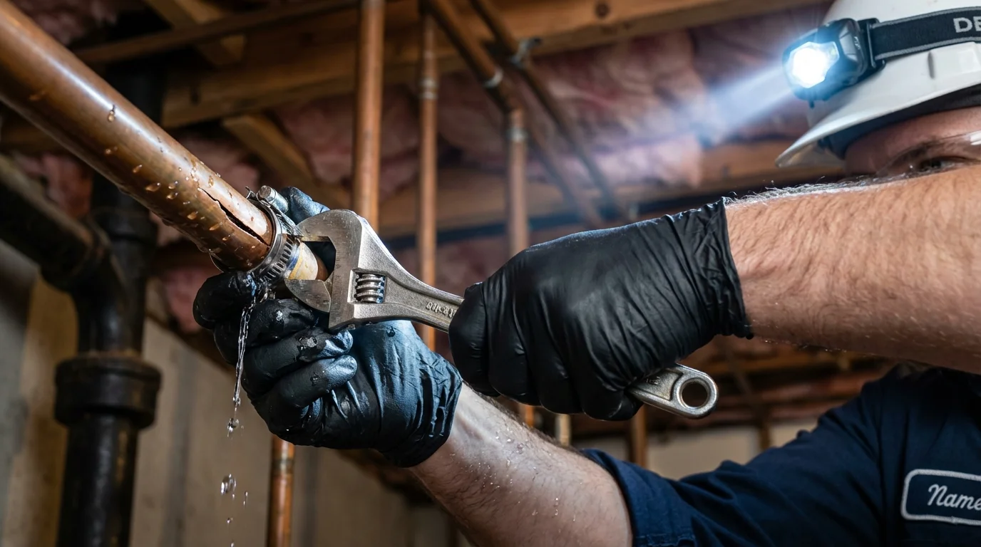 Emergency pipe clamp repair being performed by a Johns Plumbing LLC plumber in Hardeeville
