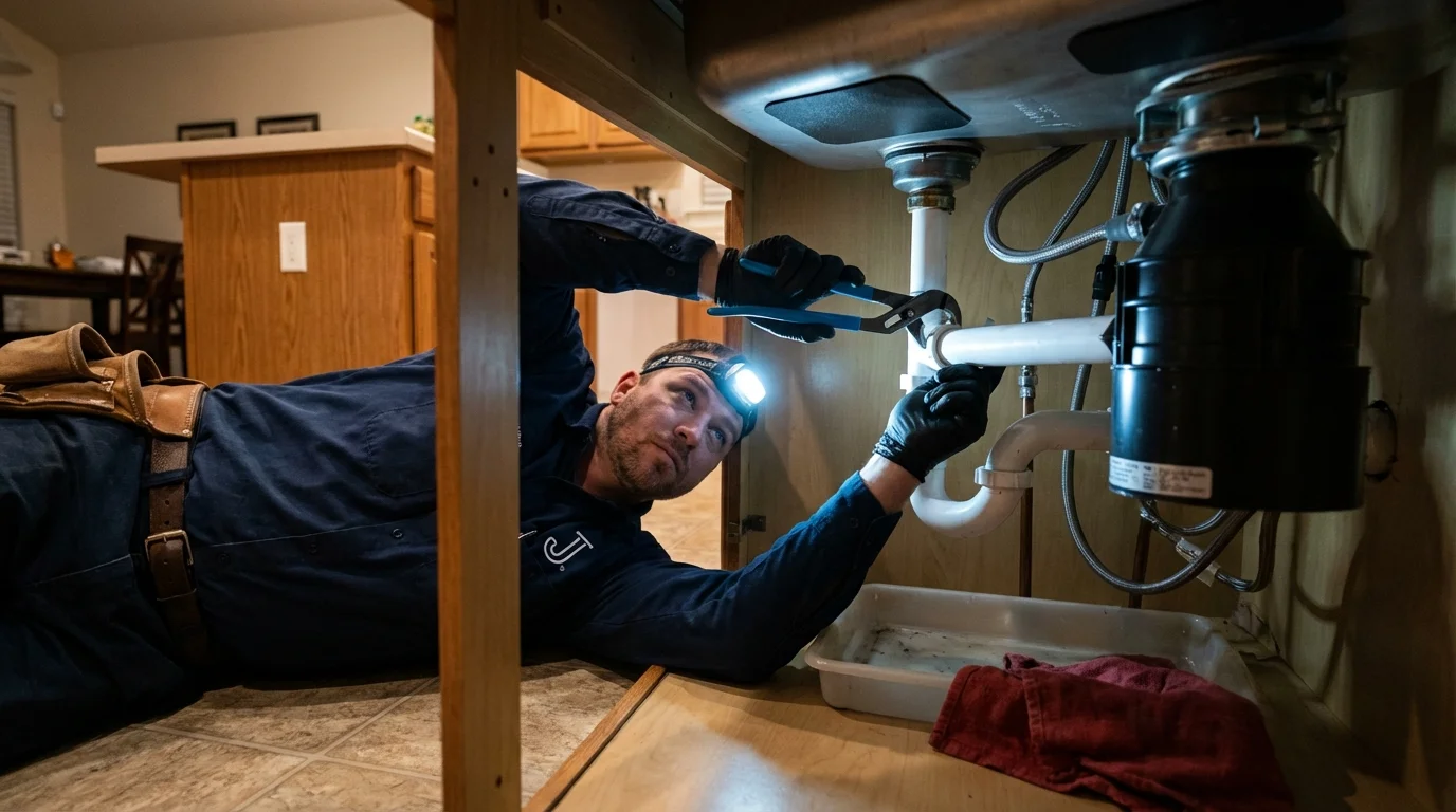 P-trap and supply line connections under a kitchen sink showing a common leak point in Hardeeville, SC